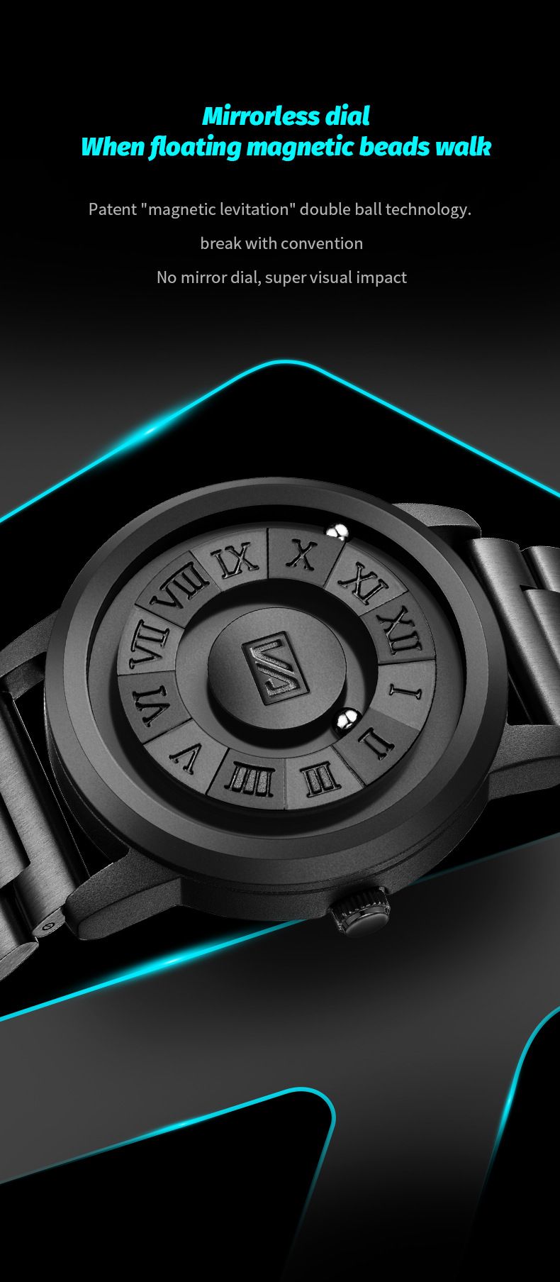 Orologio da uomo con tecnologia nera, concetto di sospensione magnetica, orologio da uomo impermeabile senza aghi_voghion.com