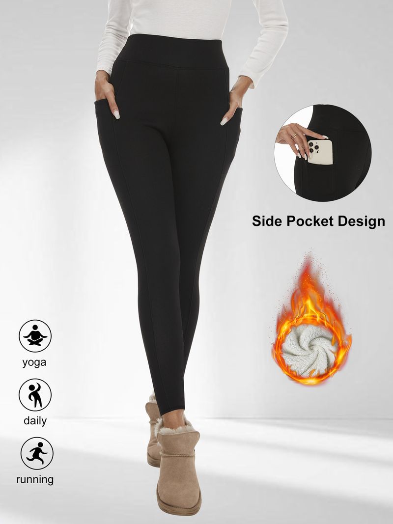 Leggings a vita alta con fodera in pile spesso e tasche – Pantaloni da yoga caldi ed elastici per donna (nero, blu navy, rosso vino, grigio scuro)_voghion.com