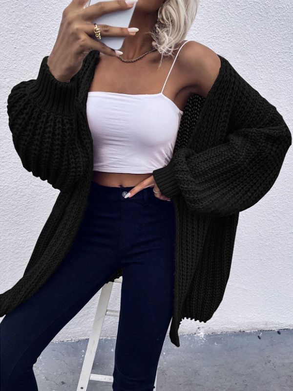 Women's Clothing Fashion Knitted Cardigan Temperament V Neck Solid Color Long Sleeved Sweater Jacket_voghion.com
