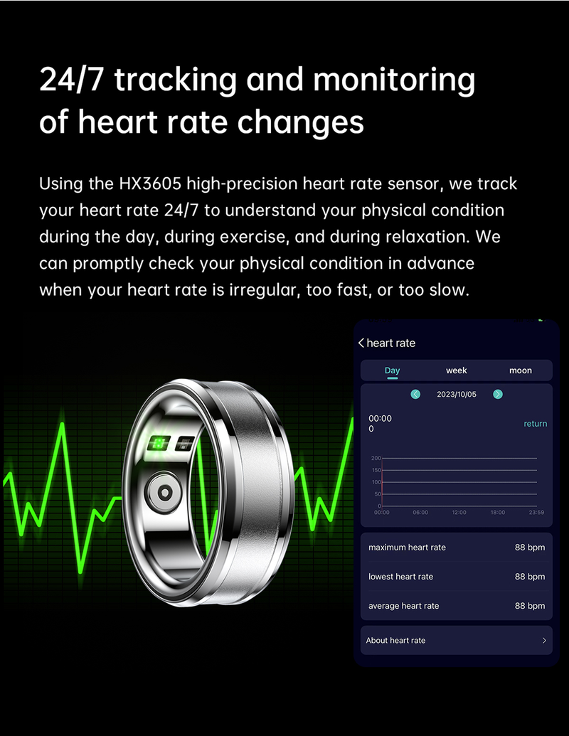 Anello da dito intelligente da uomo Monitoraggio della salute Rilevamento della frequenza cardiaca Ossigeno nel sangue/Temperatura/Monitoraggio del sonno Fotografia con telecomando_voghion.com
