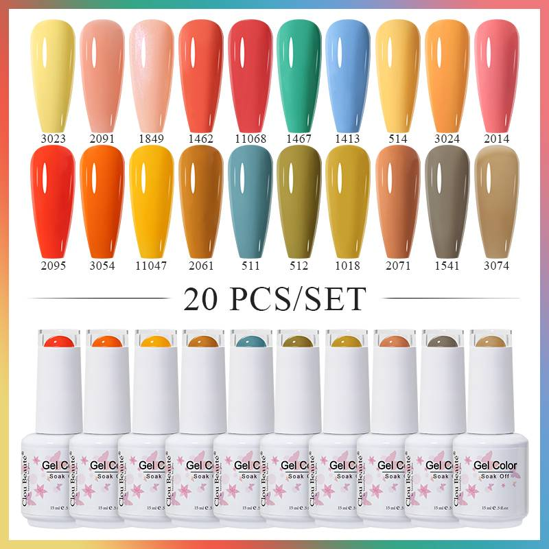Clou Beaute Gel-Nagellack-Set, Kürbisfarben, Nude, Glitzerlack, semipermanent, LED-UV, Soak-Off, 15 ml, DIY-Nagelkunst, Maniküre, 20-teilig_voghion.com