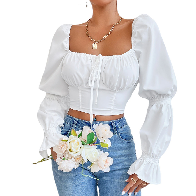 Women's Clothing pure white long sleeved front chest tie backless sexy waist shirt crop top_voghion.com