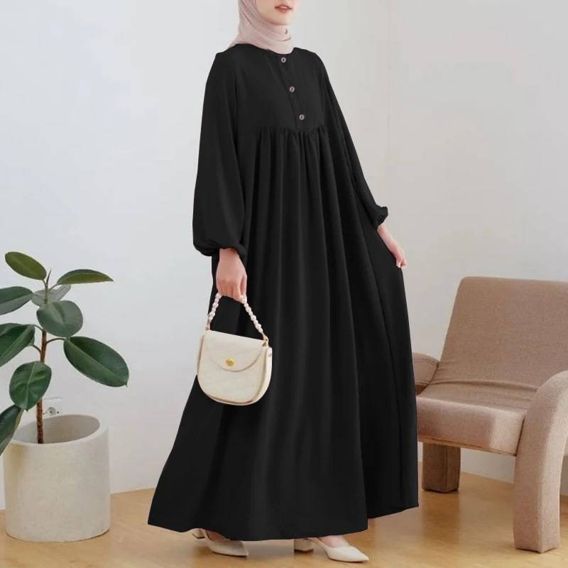 Damenbekleidung Muslimischer zweiteiliger Anzug für Damen, neuer einfarbiger langärmeliger Rundhals-Shirt-Bademantel, lockerer Hosenanzug mit weitem Bein_voghion.com