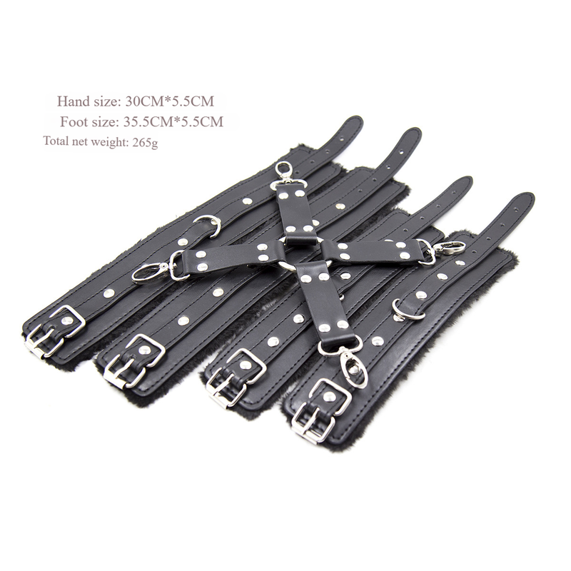 Handschellen & Fußfesseln aus Leder & Pelz - Rot/Schwarzes Bondage-Set mit Kreuzfessel_voghion.com