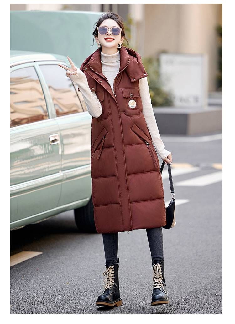 Women's Long Puffer Vest With Hood - Oversized Knee-Length Quilted Coat, Zip-Front Casual Layering Piece For Winter_voghion.com