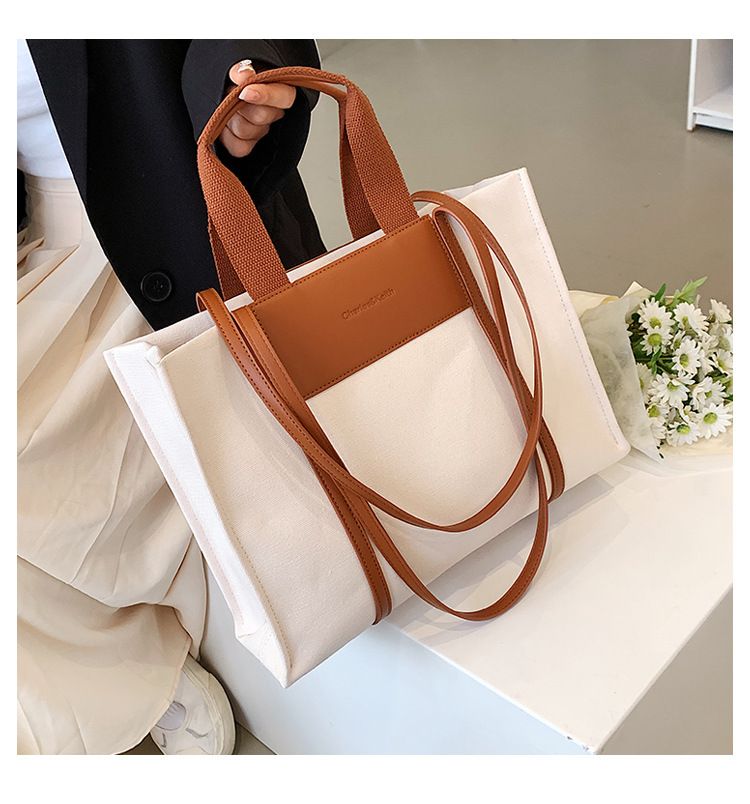 Borse tote da donna, semplici borse tote da donna con colori di tela a contrasto e tracolla singola di grande capacità._voghion.com