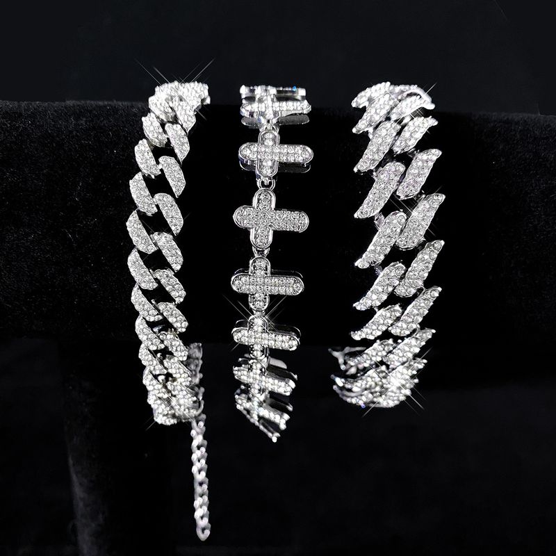 Set di braccialetti cubani in argento con catena a croce infinita Hip-Hop da uomo con personalità esagerata_voghion.com