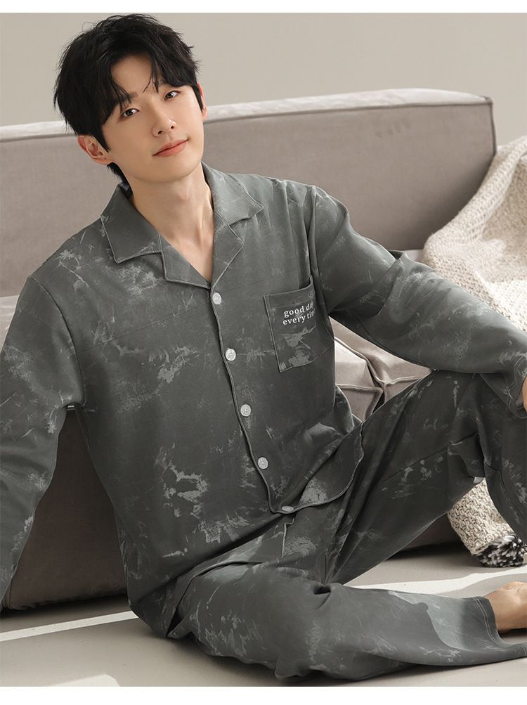 Men's spring and autumn pure cotton 2024 new long sleeved youth loose fit plus size high-end home clothing set_voghion.com