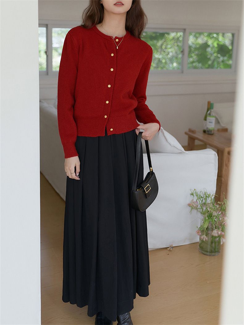 Cardigan lavorato a maglia con scollo rotondo e bottoni dorati, da donna, coreano, delicato, autunno 2024, casual, basico, giacca_voghion.com