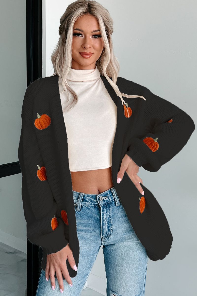 Cardigan lavorato a maglia con zucca ricamata alla moda - Maglione aperto sul davanti a maniche lunghe per donna (bianco/giallo/nero/rosa, S/M/L/XL)_voghion.com