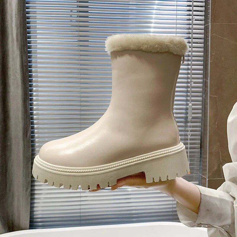 New Women's Leather High-top Snow Pile Warm And Comfortable Solid Color Boots, Fashion Boots_voghion.com