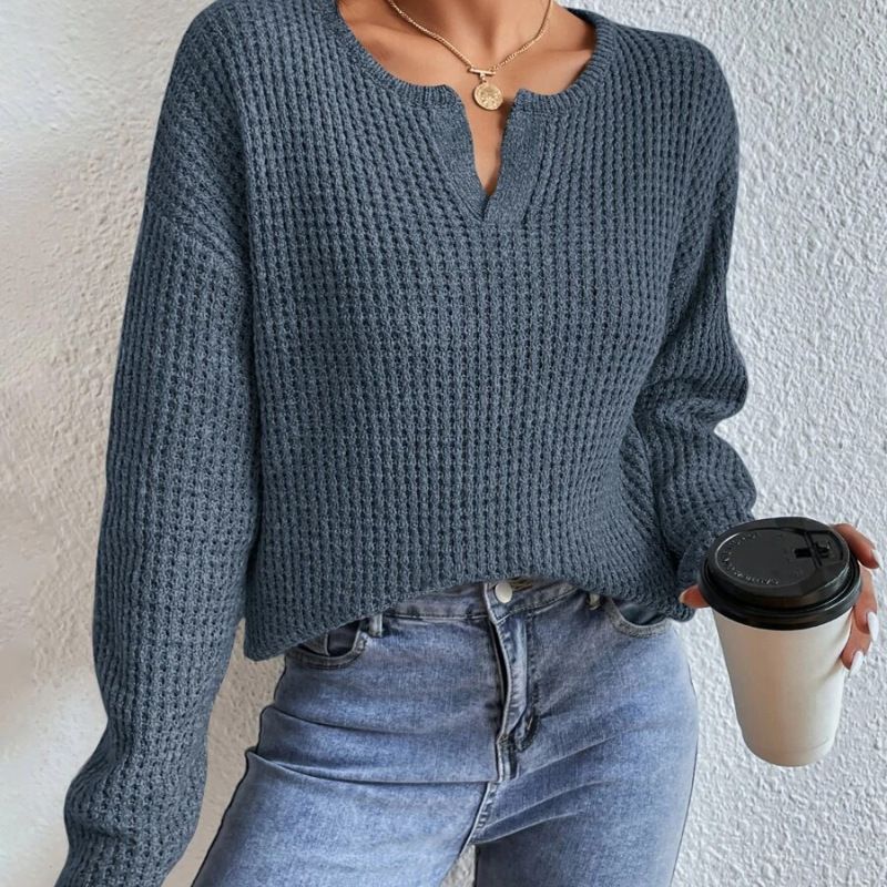 Maglione casual da donna primaverile e autunnale in tinta unita, maglione allentato a maniche lunghe per donna_voghion.com