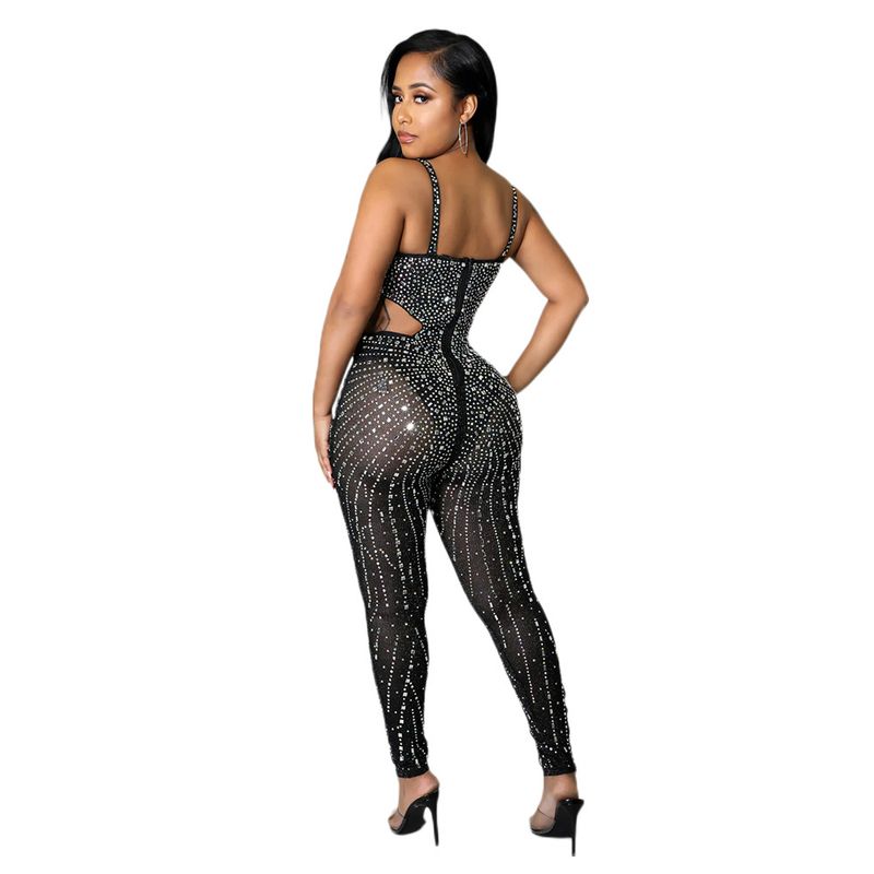 Tuta da donna sexy, in rete trasparente con strass, senza maniche e bretelle._voghion.com