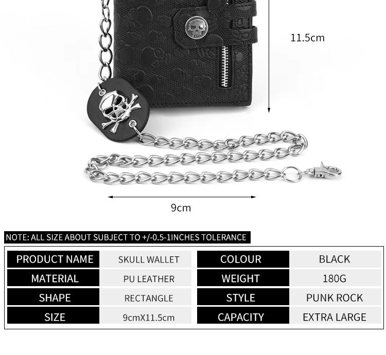 Portfel męski z czaszką, spersonalizowany, wielofunkcyjny, na łańcuszku, antykradzieżowy, modny na zewnątrz, krótki portfel retro_voghion.com