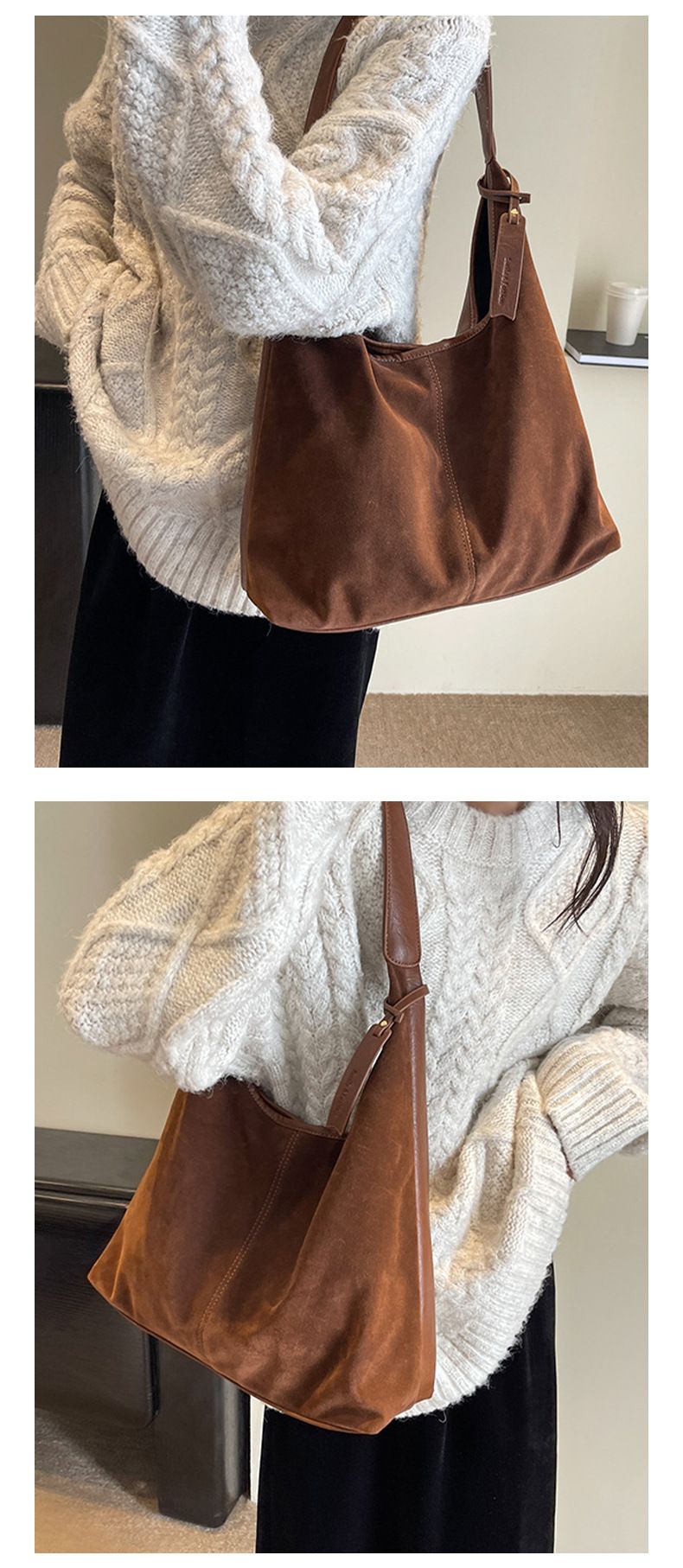 Vintage Style Suede Tote Bag For Women - Spacious Crossbody Shoulder Bag With Magnetic Closure, Perfect For Work & Casual Outfits (Brown, Black, Tan)_voghion.com