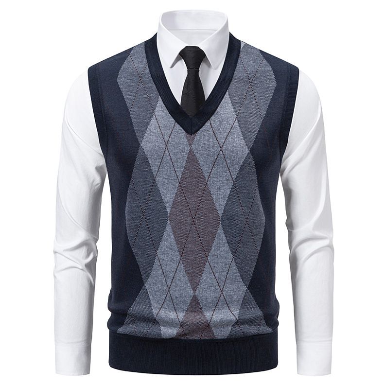 Herrenbekleidung, V-Ausschnitt, Jacquard, Slim Fit, V-Ausschnitt, Jacquard-Strickpullover für Herren – leichtes, ärmelloses Pullover-Oberteil (Grau, Marineblau, Weinrot)_voghion.com