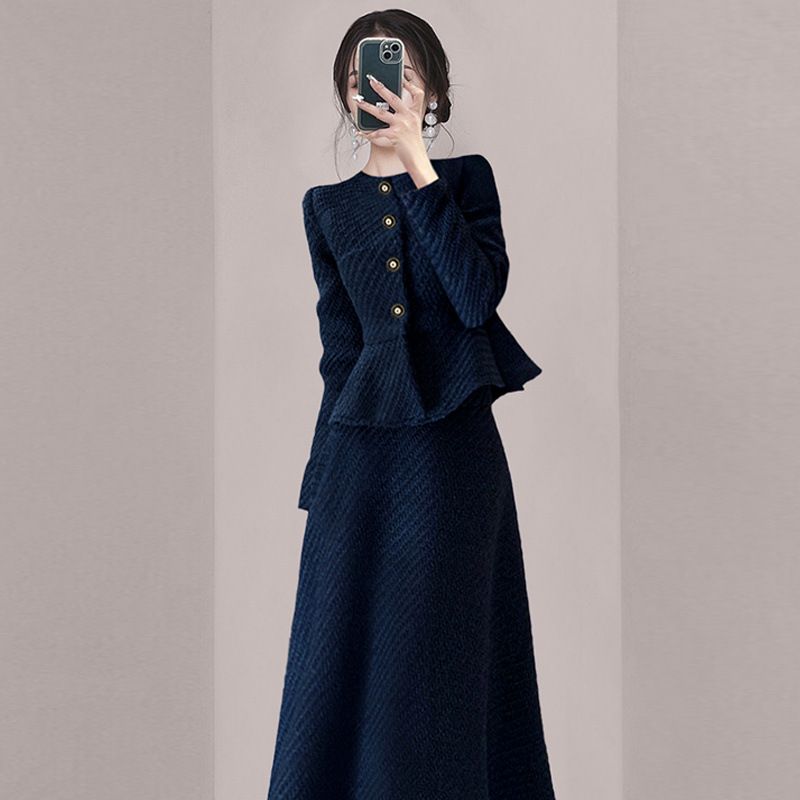 Kleid Damen Wollstoff 2025 Neuer Stil für Frühling, Herbst, Winter, mit High-End-Gefühl Ein kleiner Duft. Blaue Taille_voghion.com