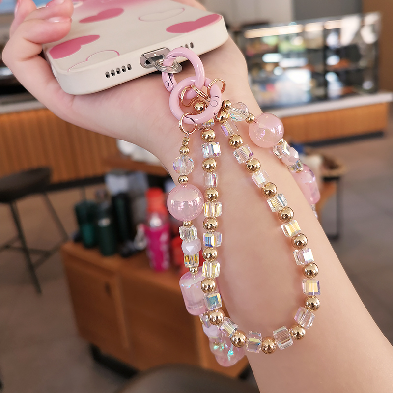 Mobile Phone Lanyard Short Handmad Wrist Bracelet Women's Clip Style Double Chain Crystal Beads Phone Case with Anti_voghion.com