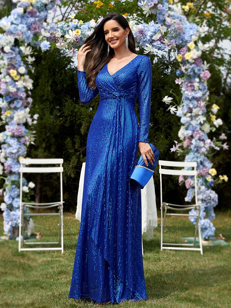 Abito da sera a sirena con scollo a V e maniche lunghe da donna_voghion.com
