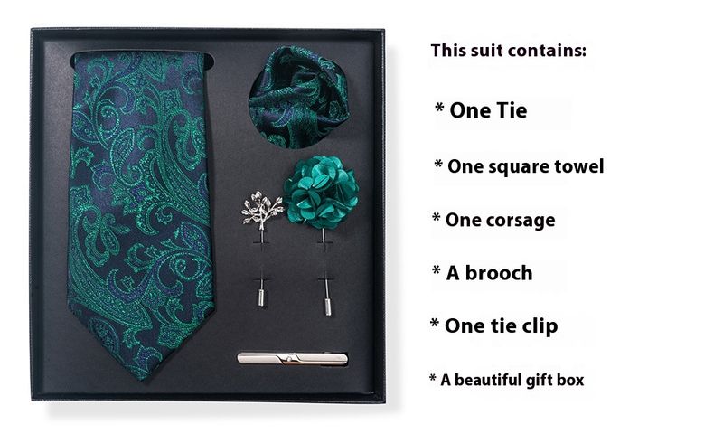 2025 Trendy Pure Color Striped Cashew Nut Tie 6-piece Gift Box Set Square Scarf Tie Clip Chest Flower Set_voghion.com
