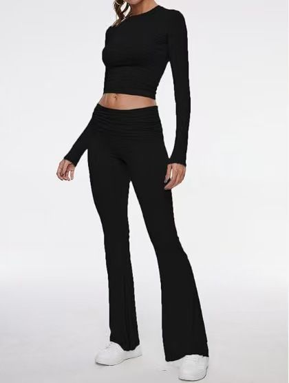 AYJ24T001 Ropa de mujer Otoño e Invierno 2023 Nuevo conjunto de dos piezas de pantalones largos de manga de color liso_voghion.com