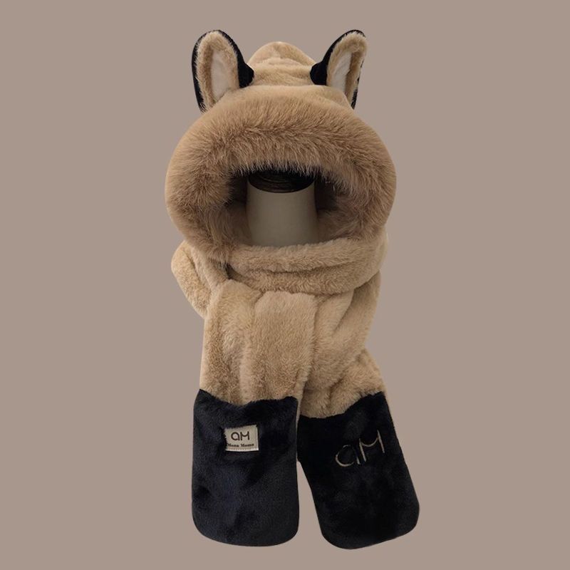 Ensemble bonnet, écharpe et gants intégrés, écharpe en peluche mignonne, écharpe chaude d'extérieur trois en un_voghion.com