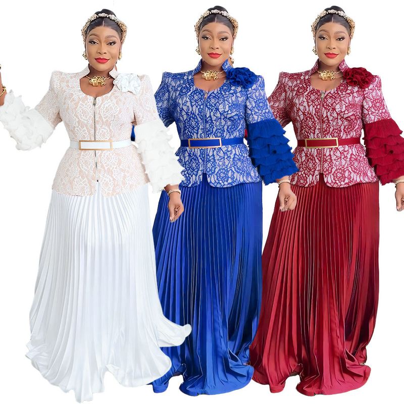 Robe longue élégante en dentelle à volants, ensemble 2 pièces, imprimé floral, robe de soirée avec taille péplum et manches courtes, robe d'invitée de mariage/tenue de bureau (rouge/bleu/nude)_voghion.com