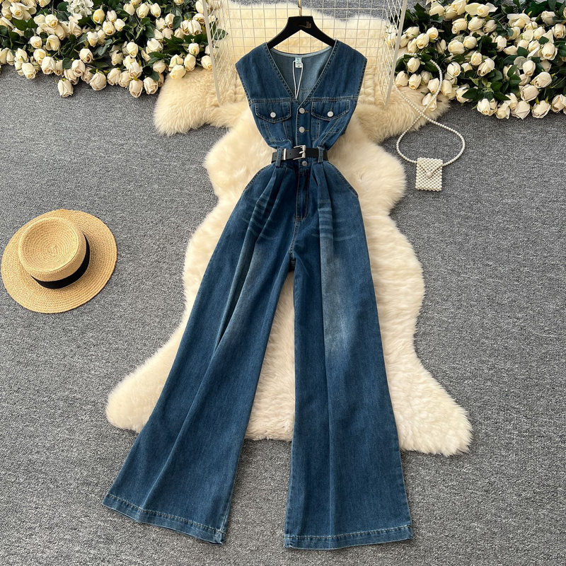 Lightly Mature Retro Fashion V Neck Sleeveless Jumpsuit For Women 2025 Summer High Grade Strappy Waisted Denim Wide Leg Pants_voghion.com