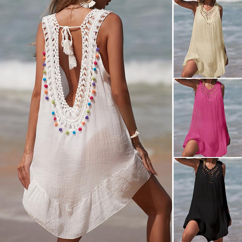 Women's Clothing Holiday Hand Crocheted Colorful Balls Wooden Ear Edge V Neck Pullover Hollow Beach Bikini Shirt Skirt_voghion.com