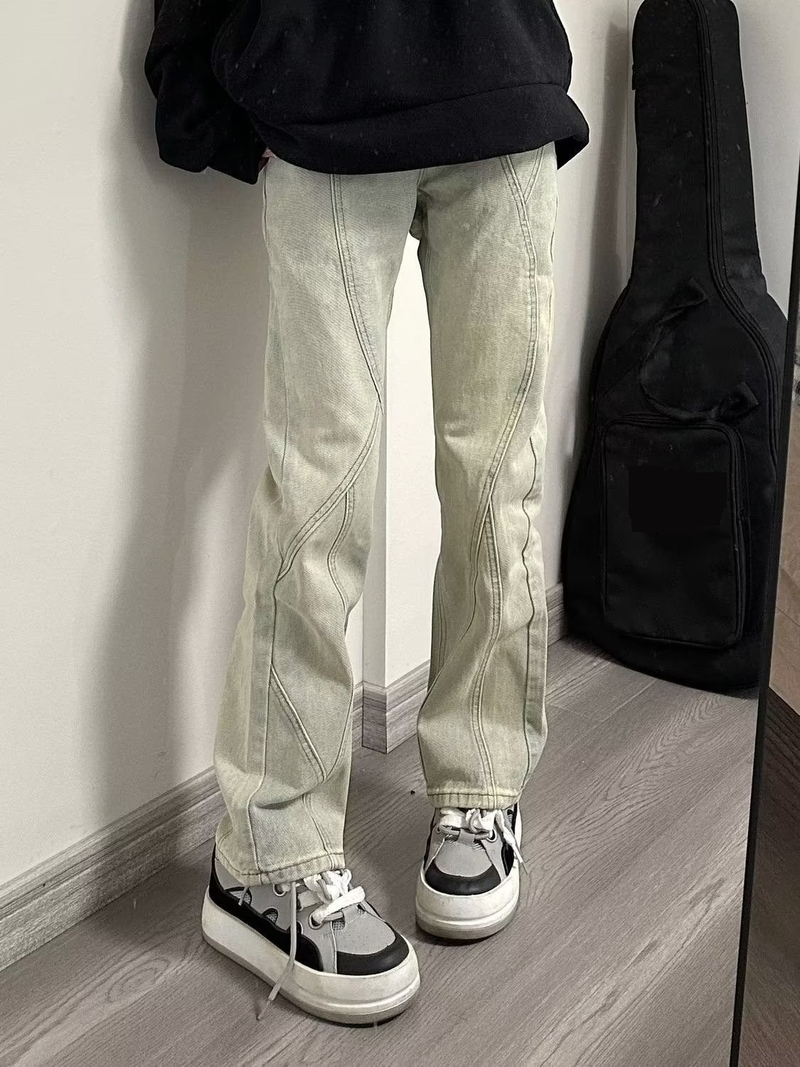 Jeans vintage da uomo lavati, pantaloni a gamba dritta, moda di strada, stile retrò, marrone chiaro usurato, comodi in cotone elasticizzato_voghion.com