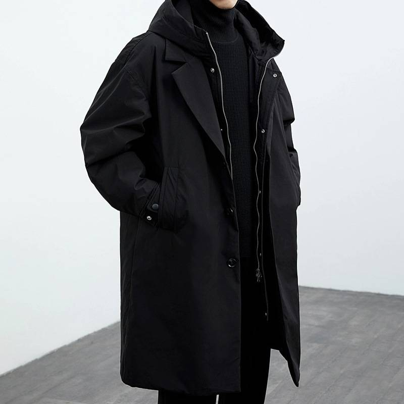 Modischer, langer Parka-Mantel für Herren, Windjacke mit abnehmbarer Kapuze und zweiteiligem Kunstdesign, wasserabweisendes Polyester-Obermaterial_voghion.com