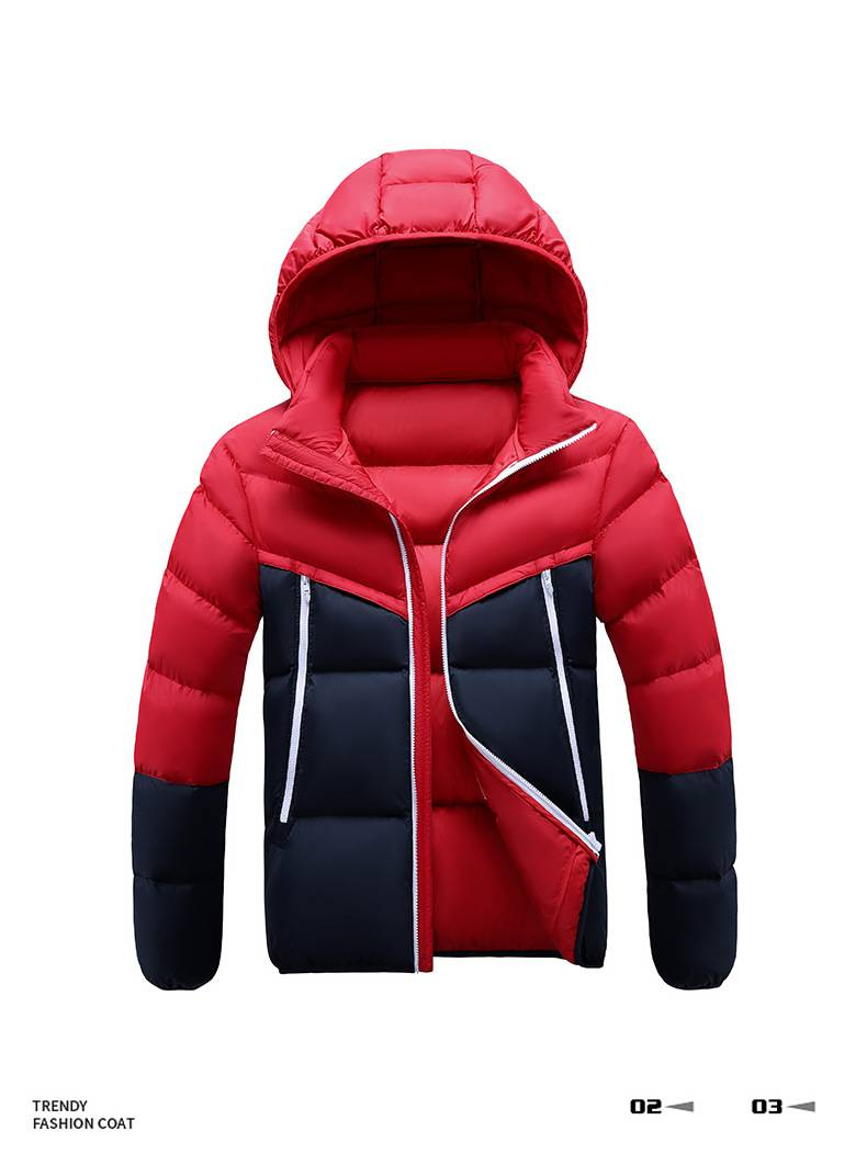 Men's Lightweight Winter Jacket With Detachable Hood, Color Block Design, Thickened Polyester, Loose Fit For Outdoor & Sports_voghion.com