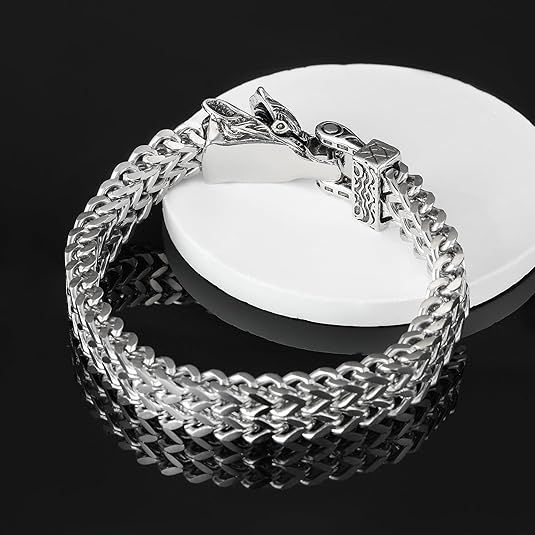 Men's Dragon Head Bracelet, Stainless Steel Cuban Link Chain, Viking Style Clasp_voghion.com