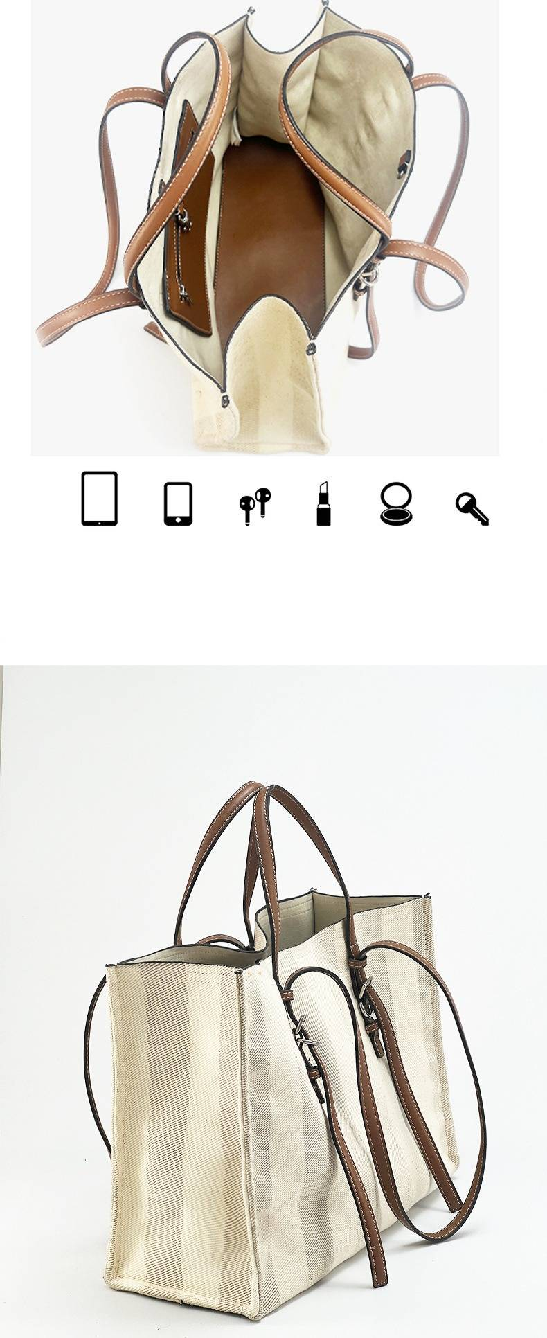 Striped Canvas Tote Bag With Magnetic Closure, Medium Size Casual Shoulder Bag For Work Travel, Light Beige Printed Handbag Commuting And Laptop._voghion.com