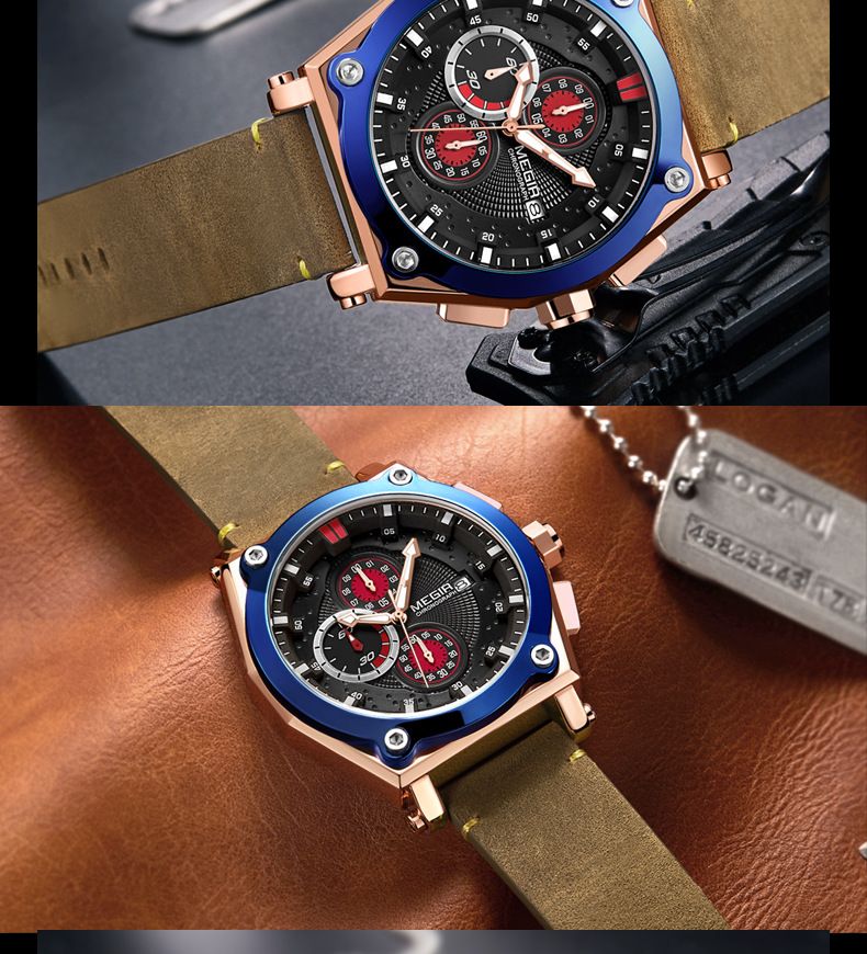 Orologio sportivo da uomo MEGIR in vera pelle con cronografo, resistente all'acqua, luminoso, multifunzione, design elegante_voghion.com