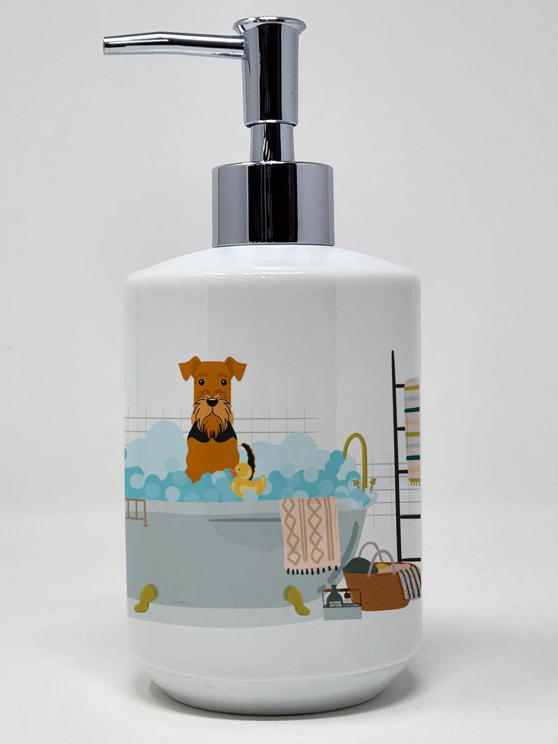 Airedale in Bathtub Ceramic Soap Dispenser Hand Soap Dispenser Pump Bottles for Bathroom Kitchen, Empty Refillable Liquid Soap Container_voghion.com