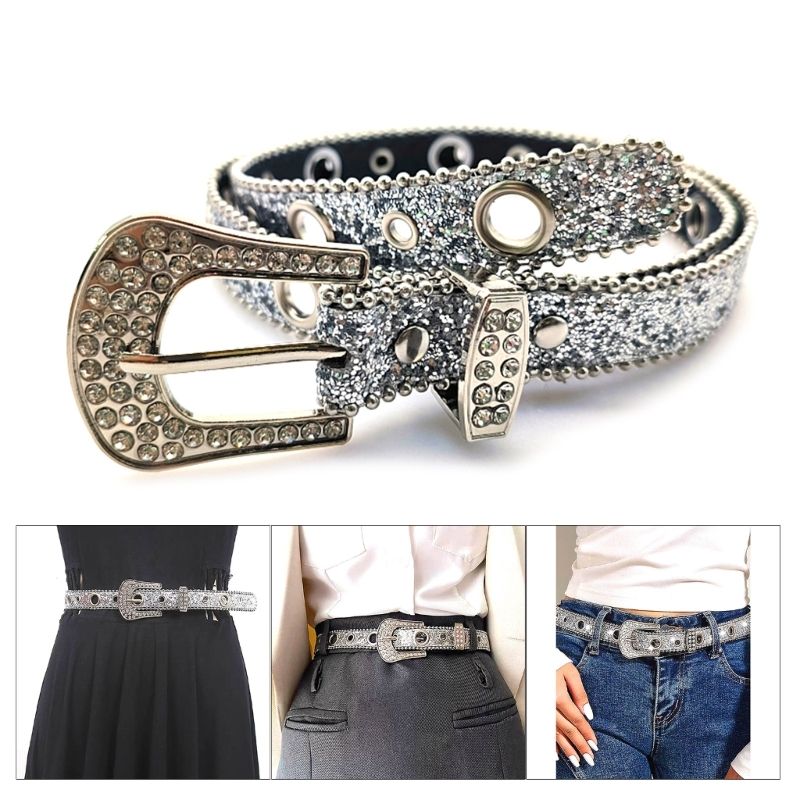 HOT Delicate Adjustable Buckle Woman Haruku Full Sequins Waist Belts Cowgirl Y2k Girls Belt for Jeans Men Y1UA_voghion.com