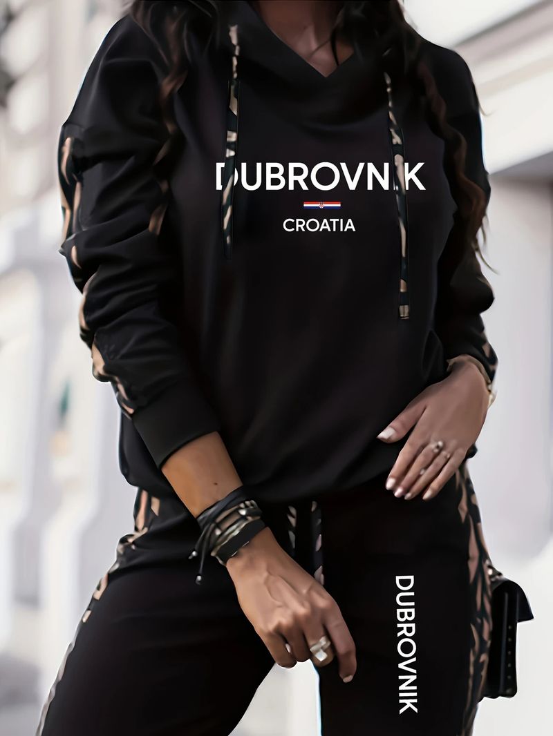 Ensemble sweat à capuche imprimé lettre pour femme, sweat-shirt à manches longues et pantalon à taille élastique_voghion.com