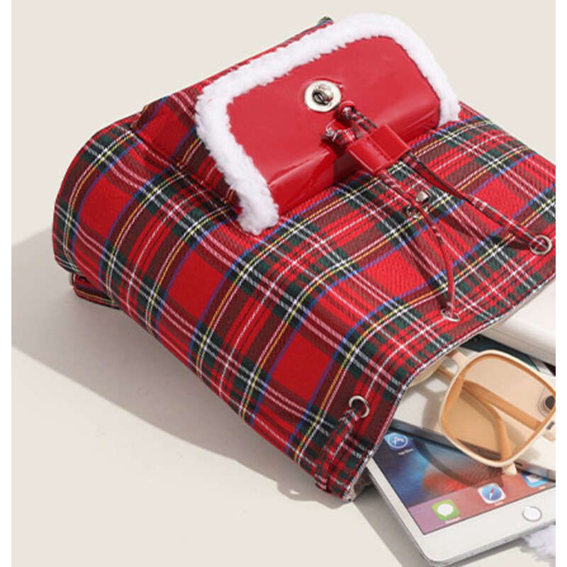 Plaid Lamb's Wool Women's Bag New Casual, Simple, Lightweight, High-end, Exquisite Pocket Backpacks_voghion.com
