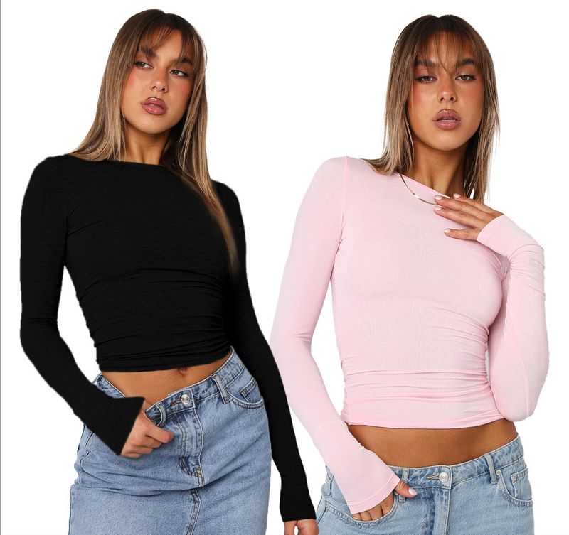 Women's Casual Long Sleeve T-Shirt Set – Slim Fit Round Neck Basic Tee (2-Pack) – Soft Polyester Spandex Blend For Everyday Comfort_voghion.com
