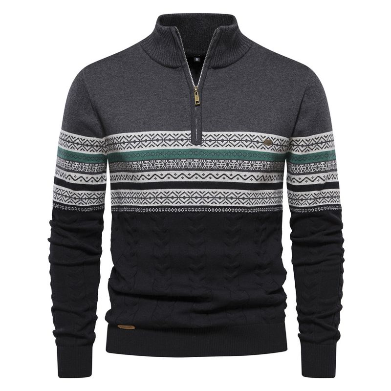 Herren-Baumwollpullover mit halbem Reißverschluss – Slim Fit, Stehkragen, Strick in Blockfarben, hohe Elastizität (Marineblau/Khaki/Grau/Weiß/Jeansblau)_voghion.com
