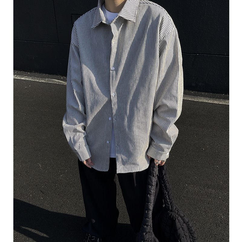 Camicia in denim a righe da uomo, idea a strati, giacca primaverile e autunnale 2025 in stile americano, vestibilità ampia e pulita, per adolescenti_voghion.com