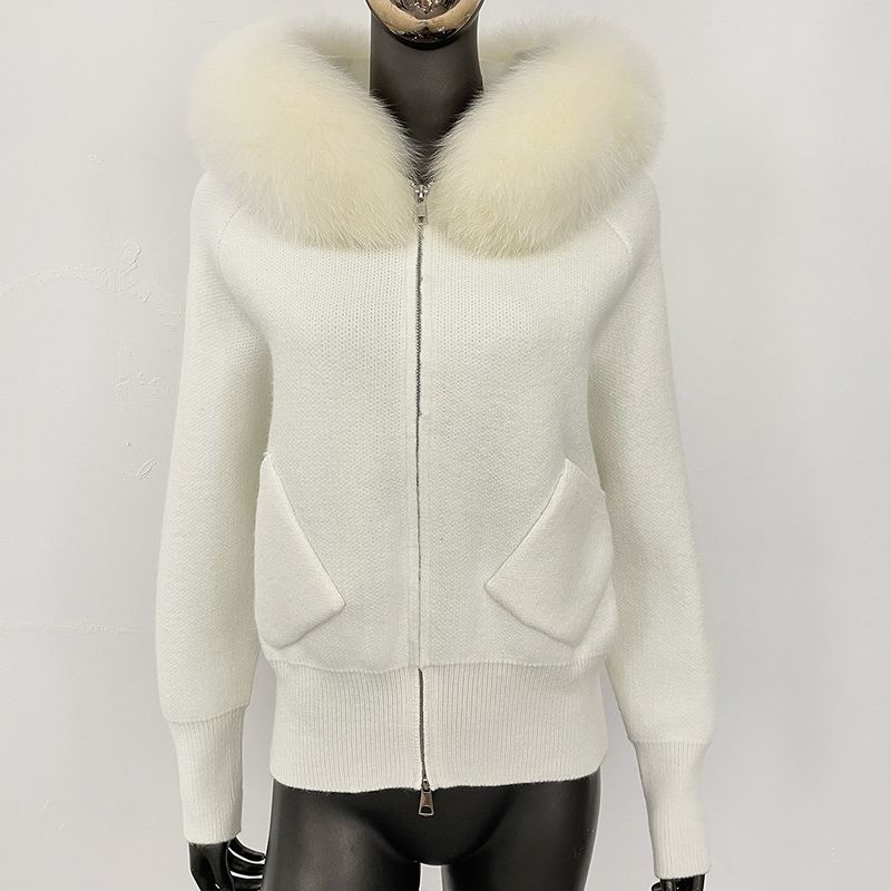 Luxuriöse Strickjacke mit Kapuze und Fuchspelzbesatz – Weicher Strickpullover aus Schaf-Kaschmir-Mischgewebe für Damen, eleganter, locker sitzender Freizeitpullover_voghion.com