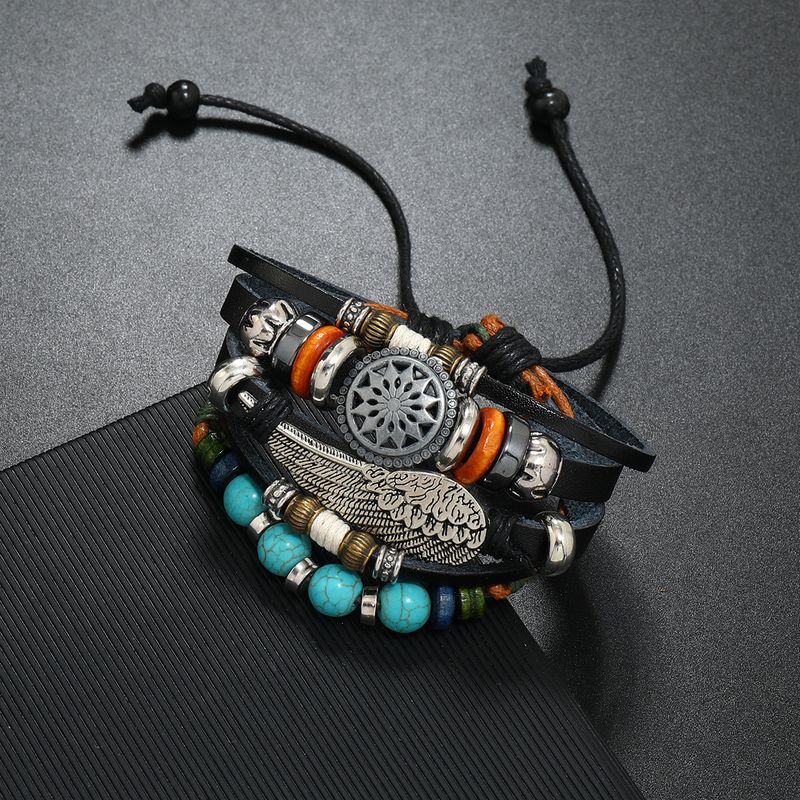 Multi-layer Beaded Cowhide Bohemian Style Women's Woven Alloy Feather Leather Bracelet Jewelry_voghion.com