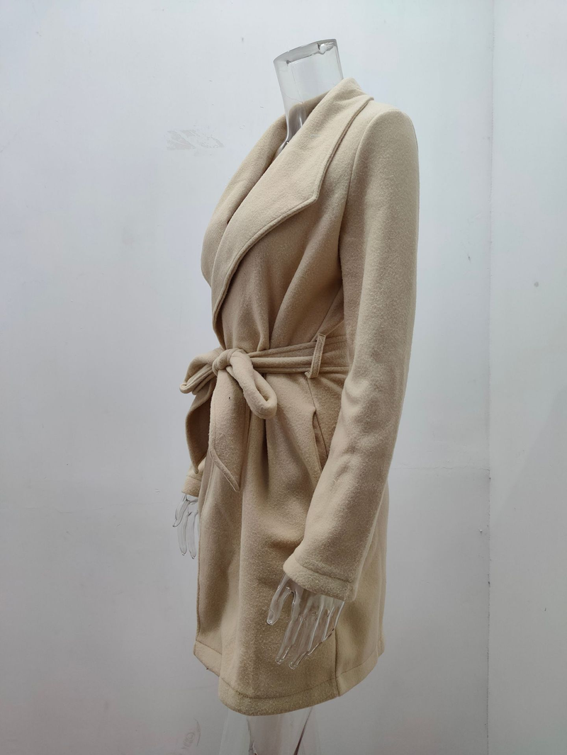 Modischer Damenmantel aus massiver Wolle mit Revers und Schnürung_voghion.com