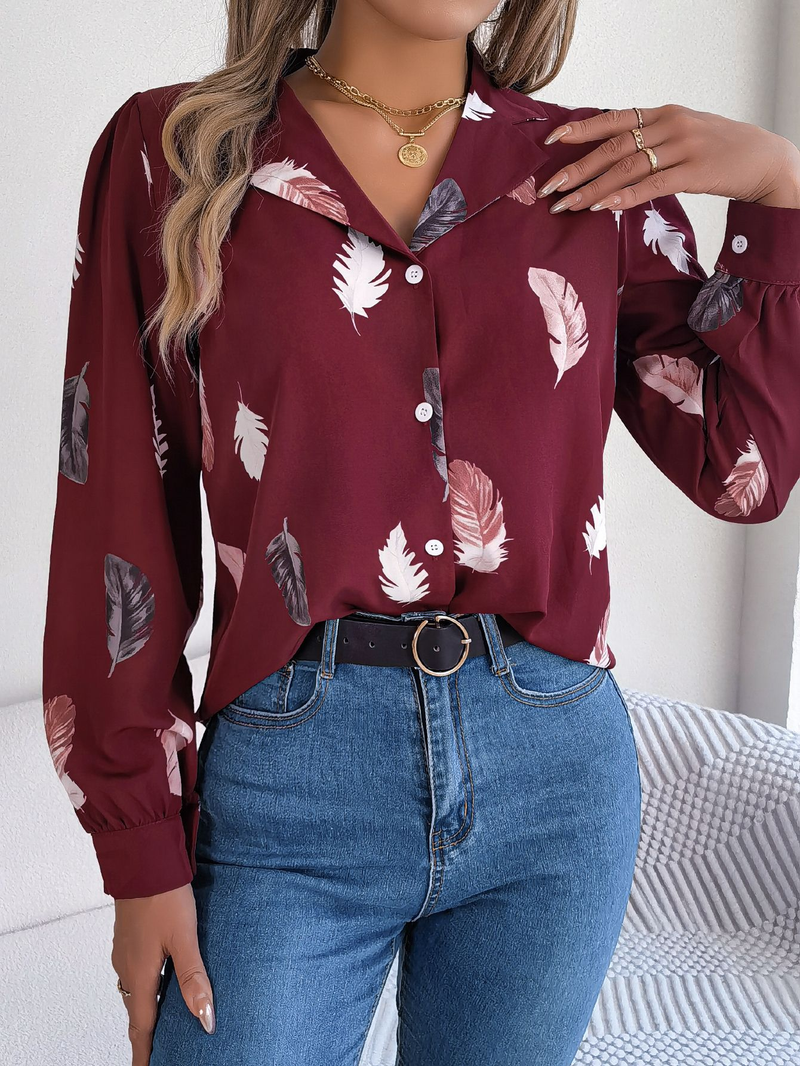 Blusas de túnica de otoño con gráficos de plumas para mujer, camisas de manga larga con farol, cómodas, holgadas, con botones y solapa_voghion.com
