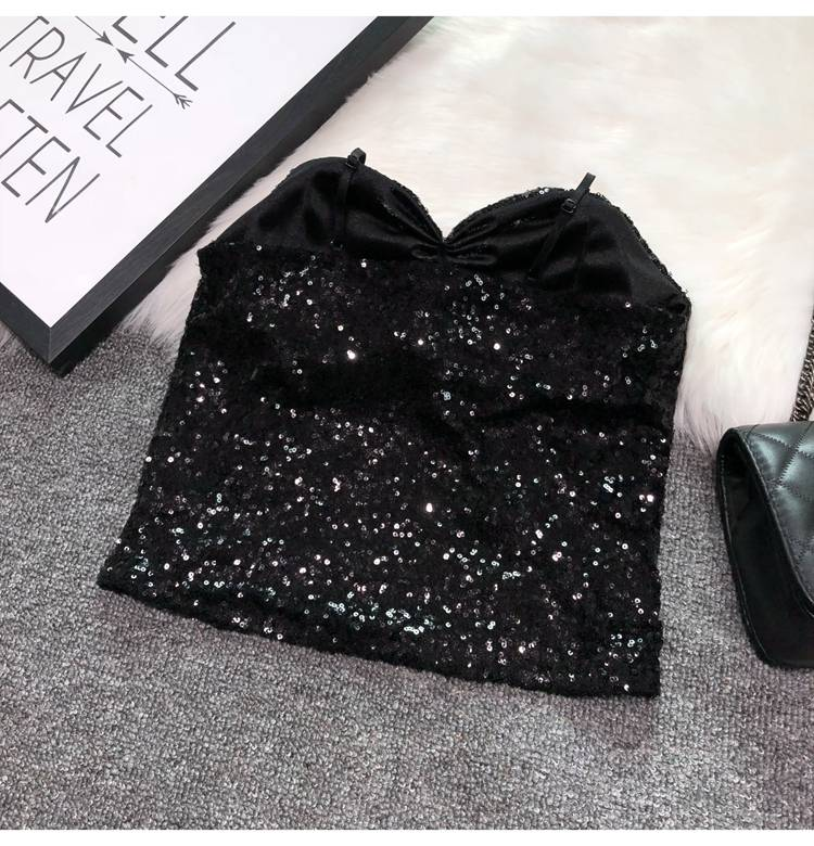 Abbigliamento da donna Cintura sexy Reggiseno imbottito Capispalla Bretelle Paillettes Intimo Corto Top da night club_voghion.com