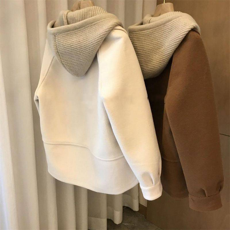 Dameskleding met label snit, patchwork gebreide wollen jas met capuchon voor dames, herfst- en winterontwerp, nichejastrend_voghion.com