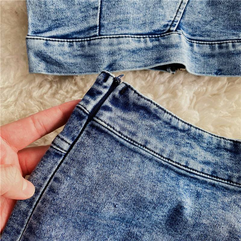 Roupas femininas novas Slim Fit zíper curto Denim camisola duas peças terno irregular fenda quadril saia_voghion.com