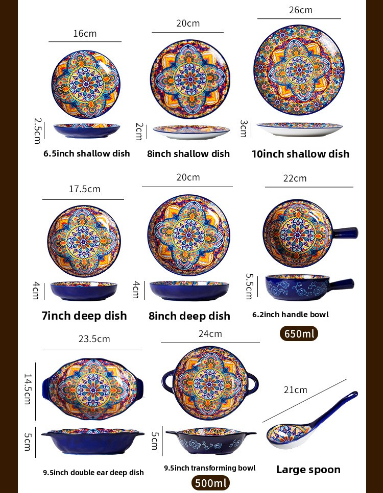Bohemian Ceramic Dinnerware Set - Underglaze Hand-Painted Bowls & Plates With Handles Vintage Style For Home & Restaurant_voghion.com